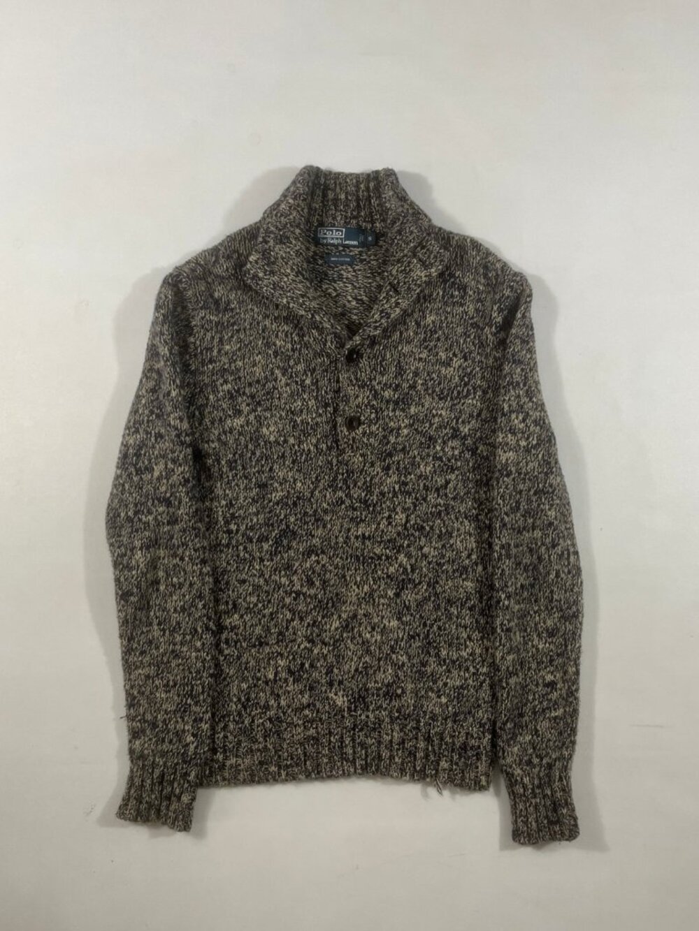 Vintage Polo Ralph Lauren Brown Marled Cotton Shawl Collar Henley Sweater S